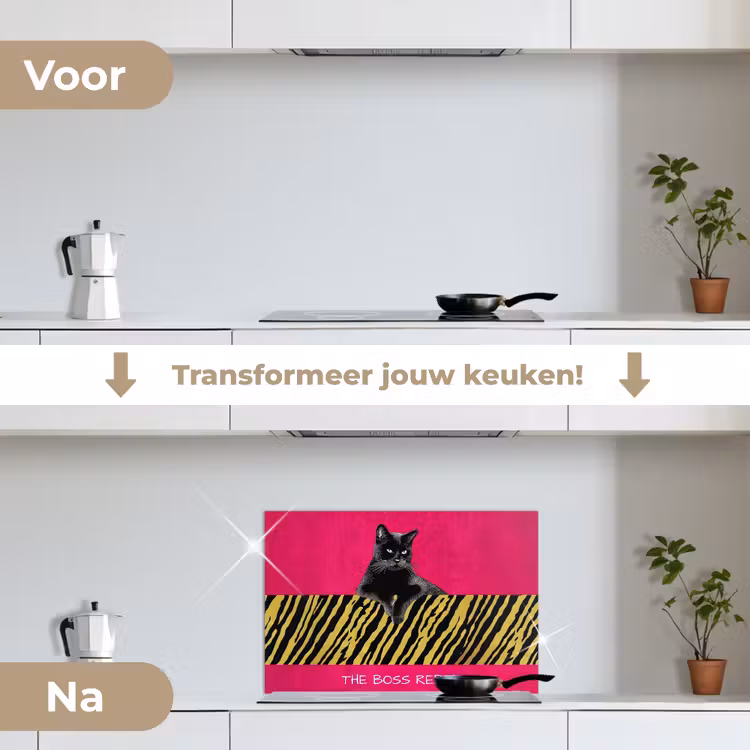 Kat - Baas - Roze - Tijgerprint keuken achterwand spatscherm klein -voor_na_NL