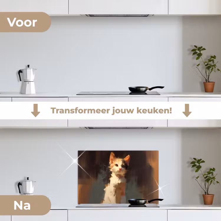 Kat - Geschilderd - Artistiek - Wit keuken achterwand spatscherm klein -voor_na_NL