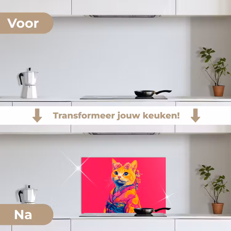 Kat - Kimono - Bloemen - Roze keuken achterwand spatscherm klein -voor_na_NL