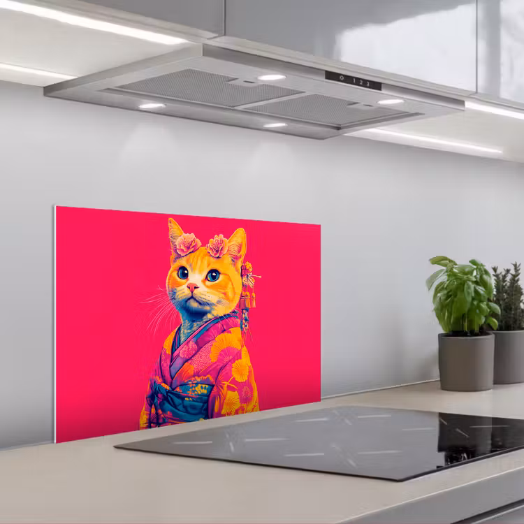 Kat - Kimono - Bloemen - Roze keuken achterwand spatscherm klein -3d_schuin
