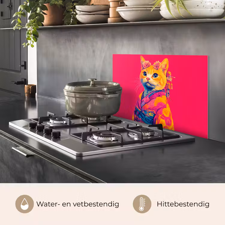 Kat - Kimono - Bloemen - Roze keuken achterwand spatscherm klein -usp_NL