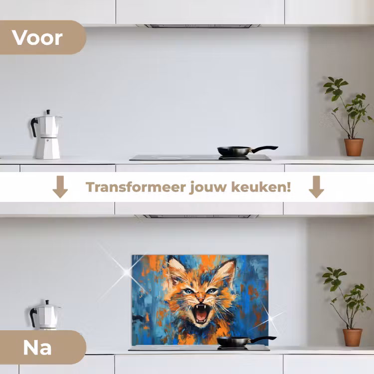 Kat - Kleurrijk - Oranje - Blauw keuken achterwand spatscherm klein -voor_na_NL
