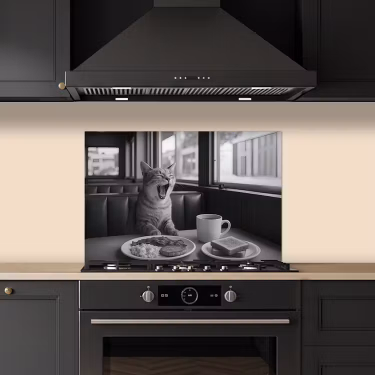Kat - Koffie - Brood - Zwart keuken achterwand spatscherm klein -sfeer1