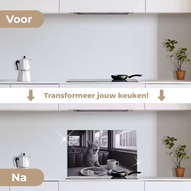 Kat - Koffie - Brood - Zwart keuken achterwand spatscherm klein -voor_na_NL