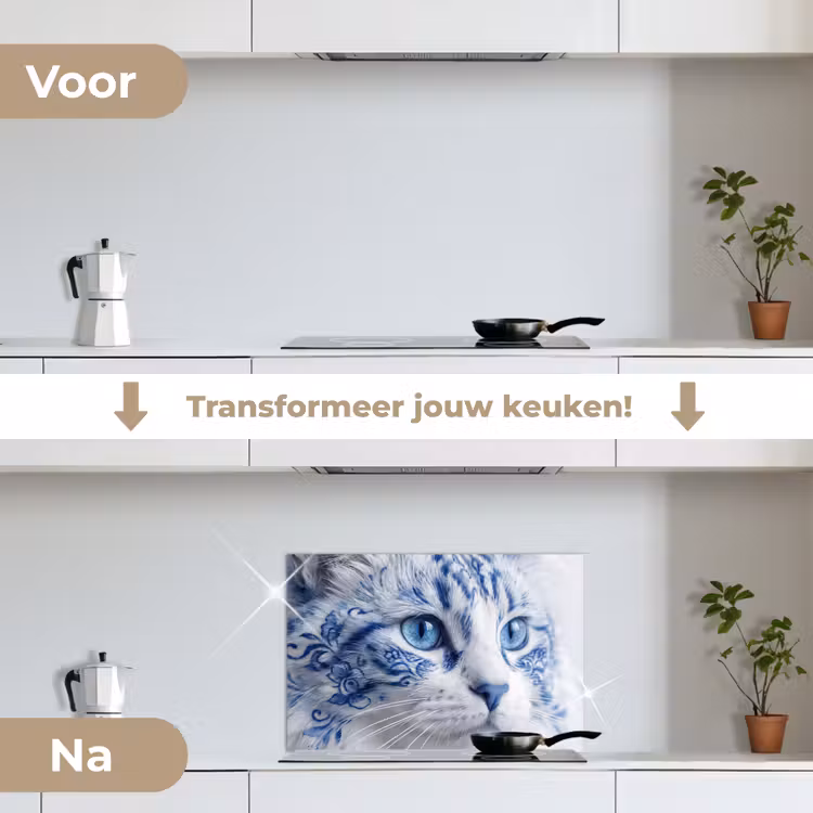 Kat - Patroon - Blauw keuken achterwand spatscherm klein -voor_na_NL