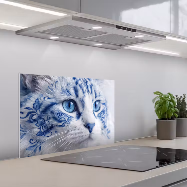 Kat - Patroon - Blauw keuken achterwand spatscherm klein -3d_schuin