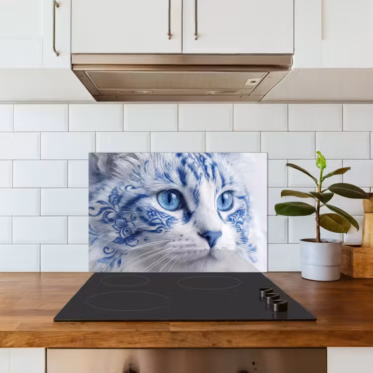 Kat - Patroon - Blauw keuken achterwand spatscherm klein -sfeer2