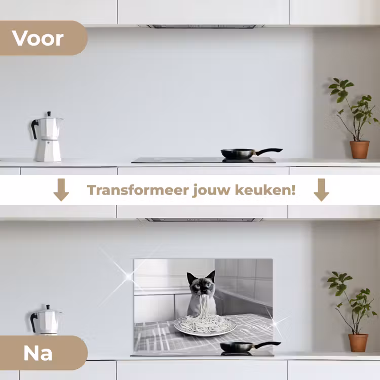 Kat - Siamees - Zwart Wit - Schattig - Dieren keuken achterwand spatscherm klein -voor_na_NL