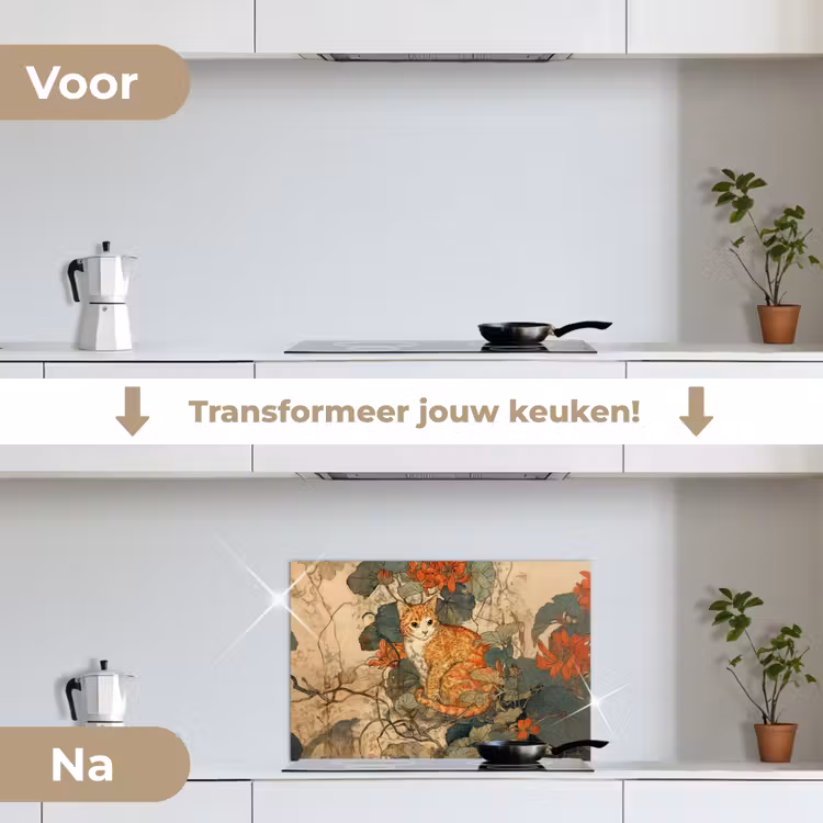 Kat - Sierlijk - Bloemen keuken achterwand spatscherm klein -voor_na_NL