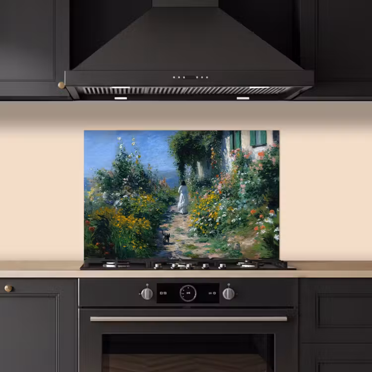 Kat - Vrouw - Bloemen - Huis keuken achterwand spatscherm klein -sfeer1