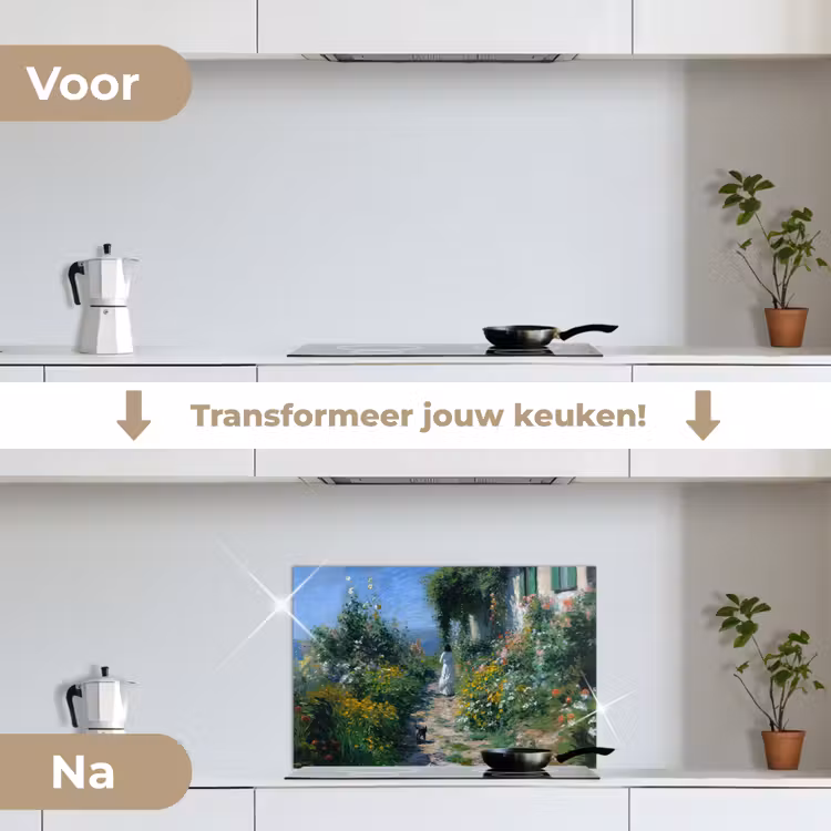 Kat - Vrouw - Bloemen - Huis keuken achterwand spatscherm klein -voor_na_NL