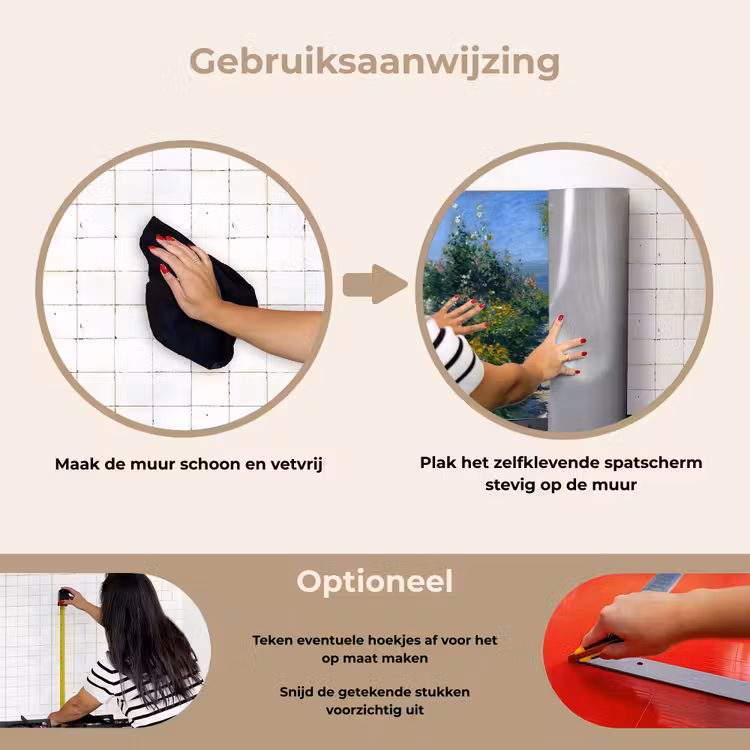 Kat - Vrouw - Bloemen - Huis keuken achterwand spatscherm klein -gebruiksaanwijzing_NL