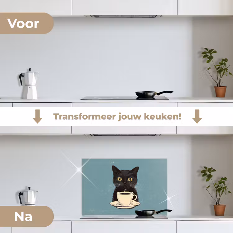 Kat - Zwart - Koffie - Minimalistisch keuken achterwand spatscherm klein -voor_na_NL