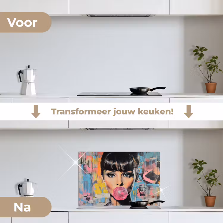 Kauwgom - Vrouw - Penseelstreken - Modern keuken achterwand spatscherm klein -voor_na_NL