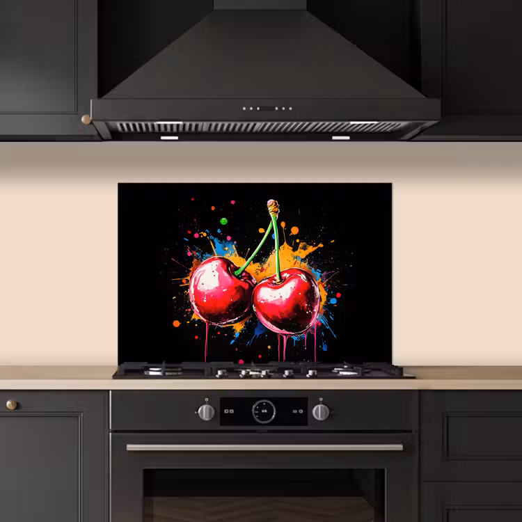 Kersen - Fruit - Graffiti - Verf - Abstract - Modern - Kleurrijk keuken achterwand spatscherm klein -sfeer1