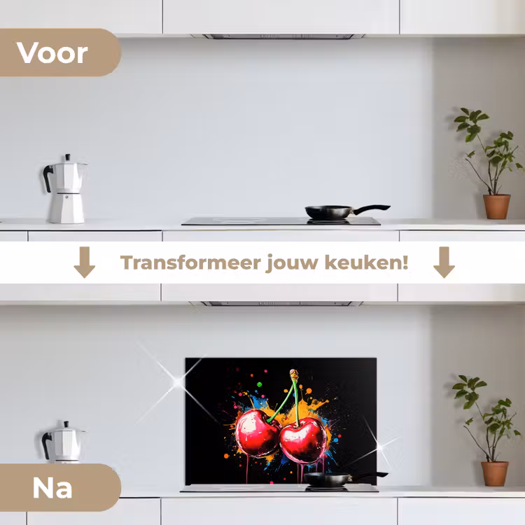 Kersen - Fruit - Graffiti - Verf - Abstract - Modern - Kleurrijk keuken achterwand spatscherm klein -voor_na_NL