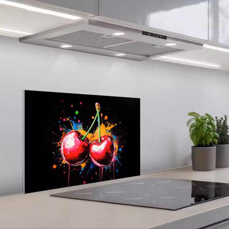 Kersen - Fruit - Graffiti - Verf - Abstract - Modern - Kleurrijk keuken achterwand spatscherm klein -3d_schuin