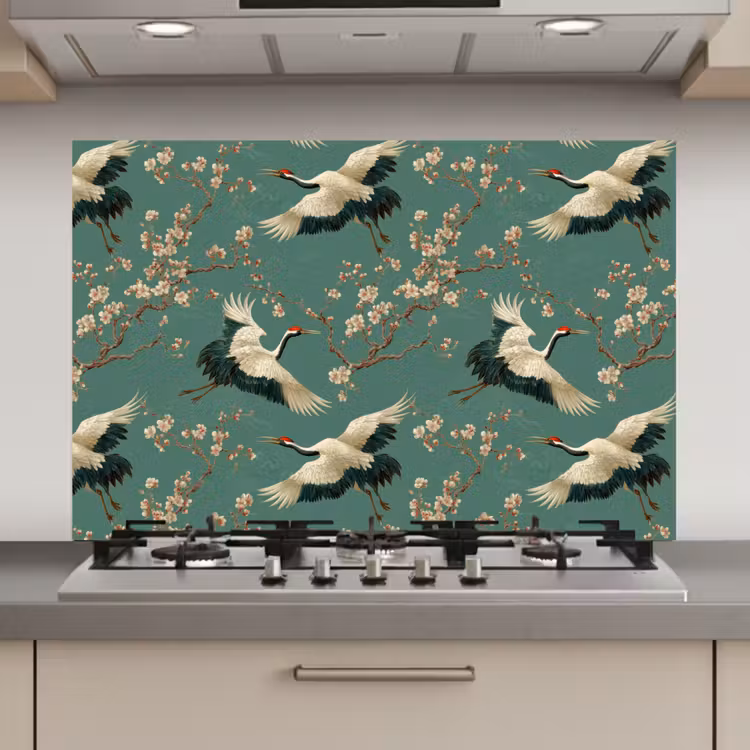 Kersenbloesem - Kraamvogels - Groen keuken achterwand spatscherm klein 900 -3d_website