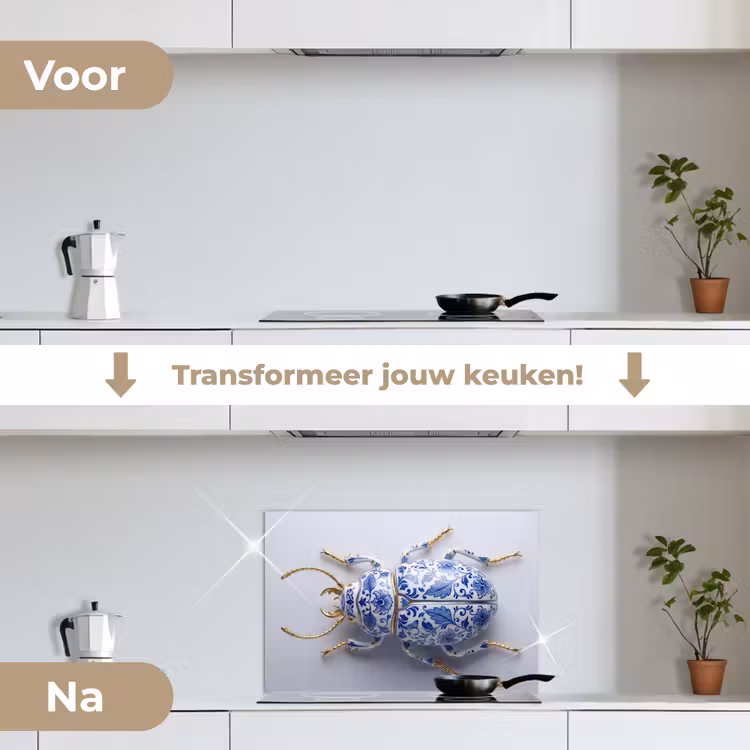 Kever - Delfts - Blauw - Goud keuken achterwand spatscherm klein -voor_na_NL