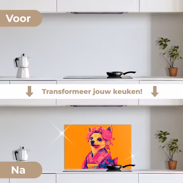 Kimono - Hondje - Bloemenkroon - Oranje keuken achterwand spatscherm klein -voor_na_NL