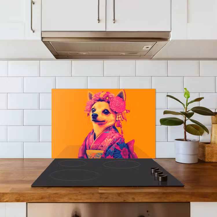 Kimono - Hondje - Bloemenkroon - Oranje keuken achterwand spatscherm klein -sfeer2