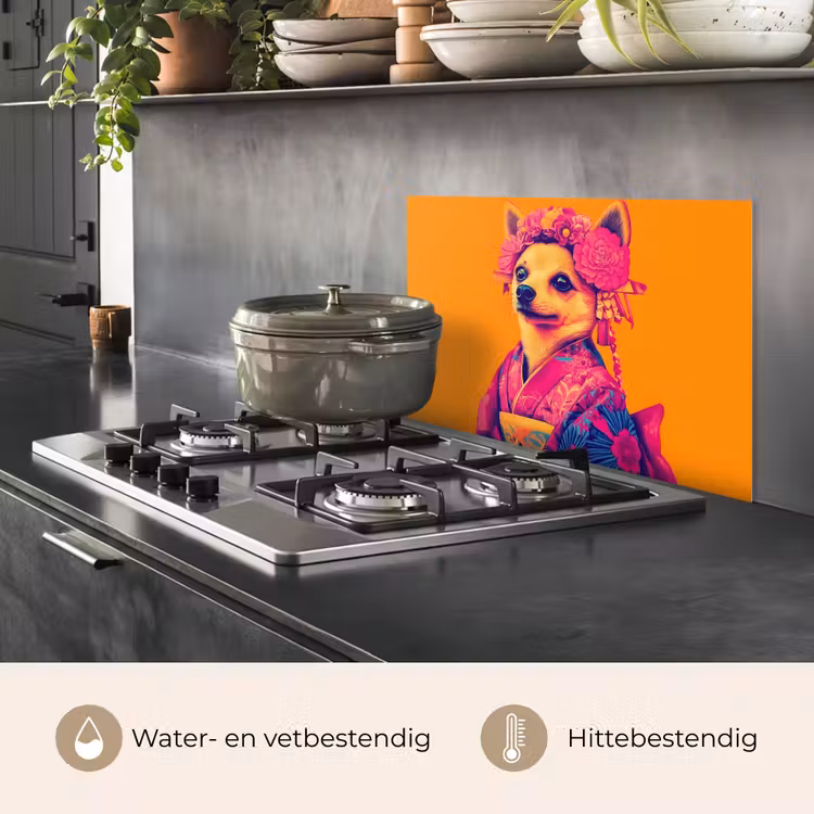 Kimono - Hondje - Bloemenkroon - Oranje keuken achterwand spatscherm klein -usp_NL