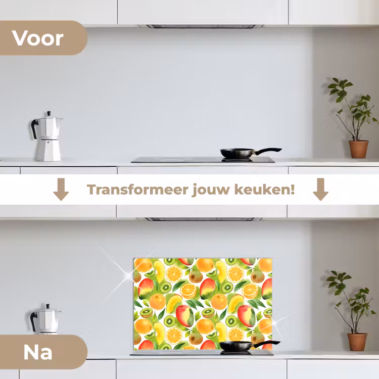 Kiwi - Sinasappel - Mango - Perzik keuken achterwand spatscherm klein 900 -voor_na_NL