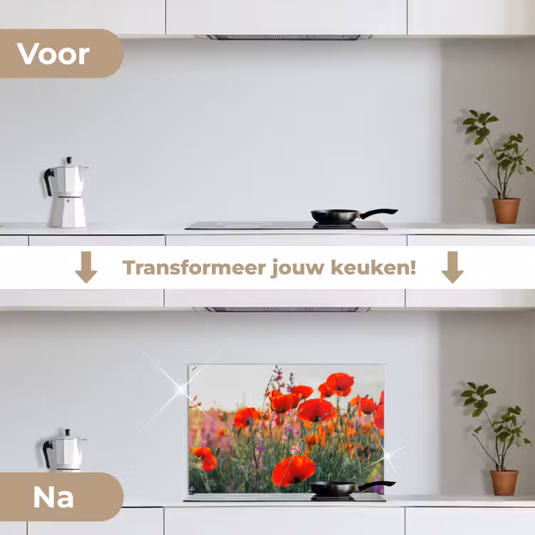 Klaproos - Bloemen - Rood - Paars - Weide keuken achterwand spatscherm klein -voor_na_NL