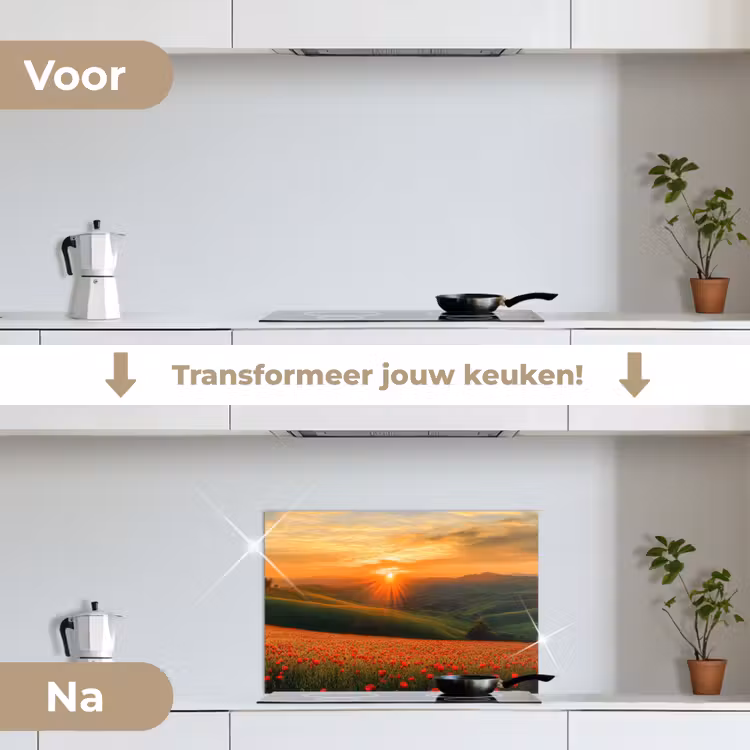 Klaprozen - Bloemen - Heuvels - Zonsondergang keuken achterwand spatscherm klein -voor_na_NL