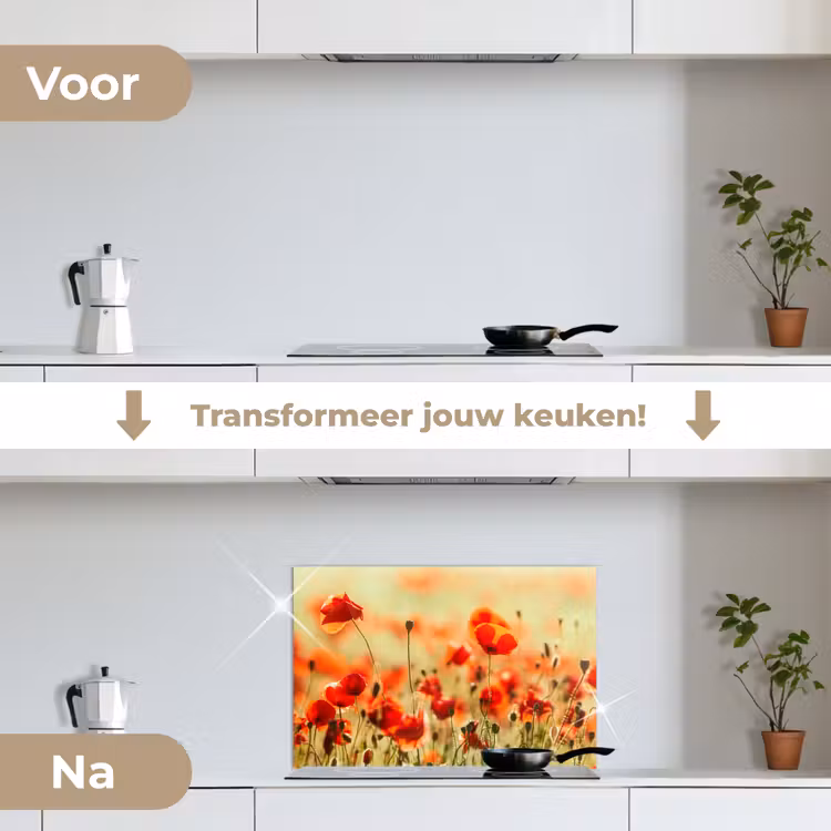 Klaprozen - Bloemen - Rood - Bloemenveld keuken achterwand spatscherm klein -voor_na_NL