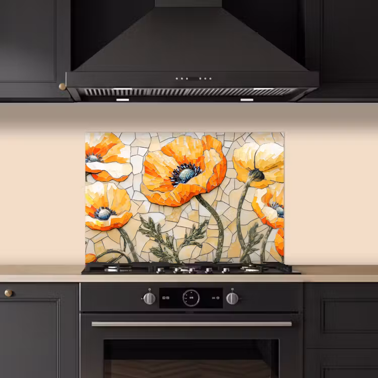Klaprozen - Oranje - Mozaïek - Bladeren keuken achterwand spatscherm klein -sfeer1