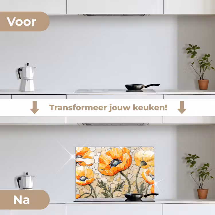 Klaprozen - Oranje - Mozaïek - Bladeren keuken achterwand spatscherm klein -voor_na_NL