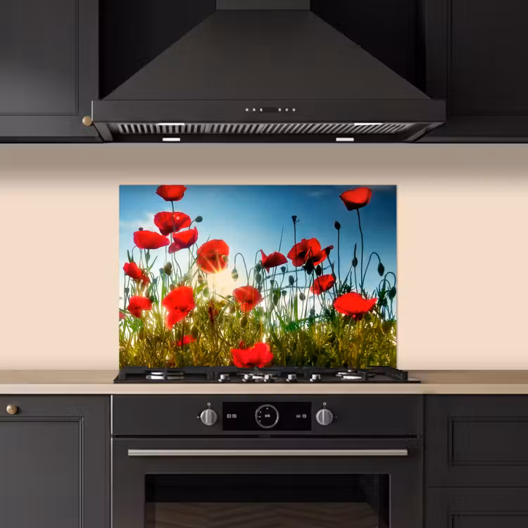 Klaprozen - Toscane - Zon - Rood - Blauw keuken achterwand spatscherm klein -sfeer1