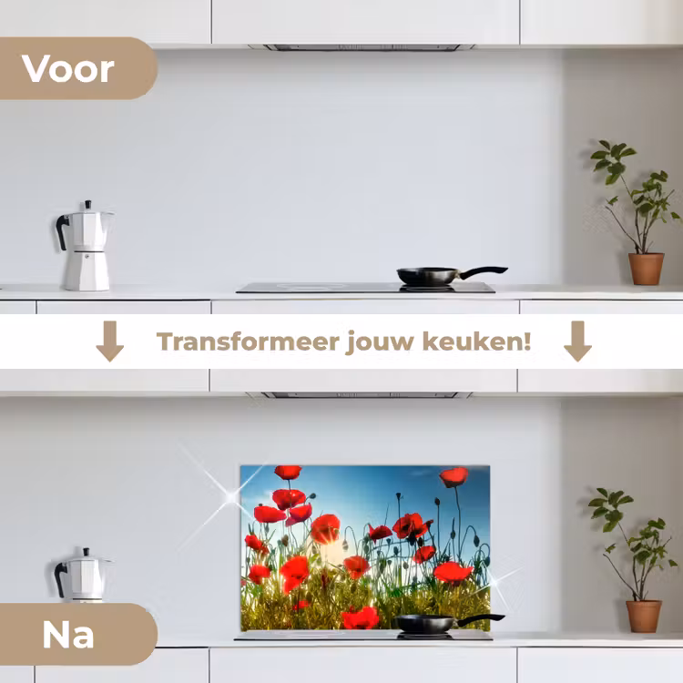 Klaprozen - Toscane - Zon - Rood - Blauw keuken achterwand spatscherm klein -voor_na_NL