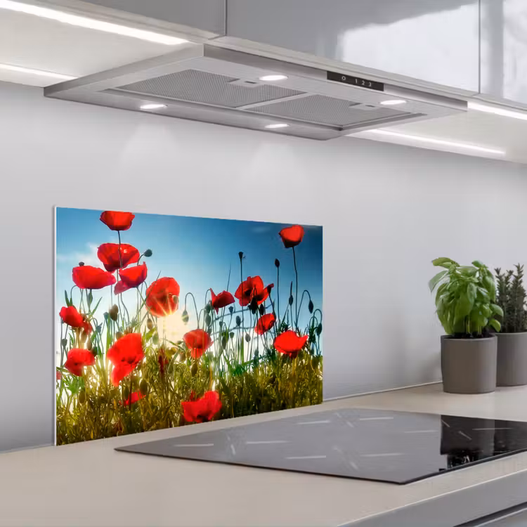Klaprozen - Toscane - Zon - Rood - Blauw keuken achterwand spatscherm klein -3d_schuin