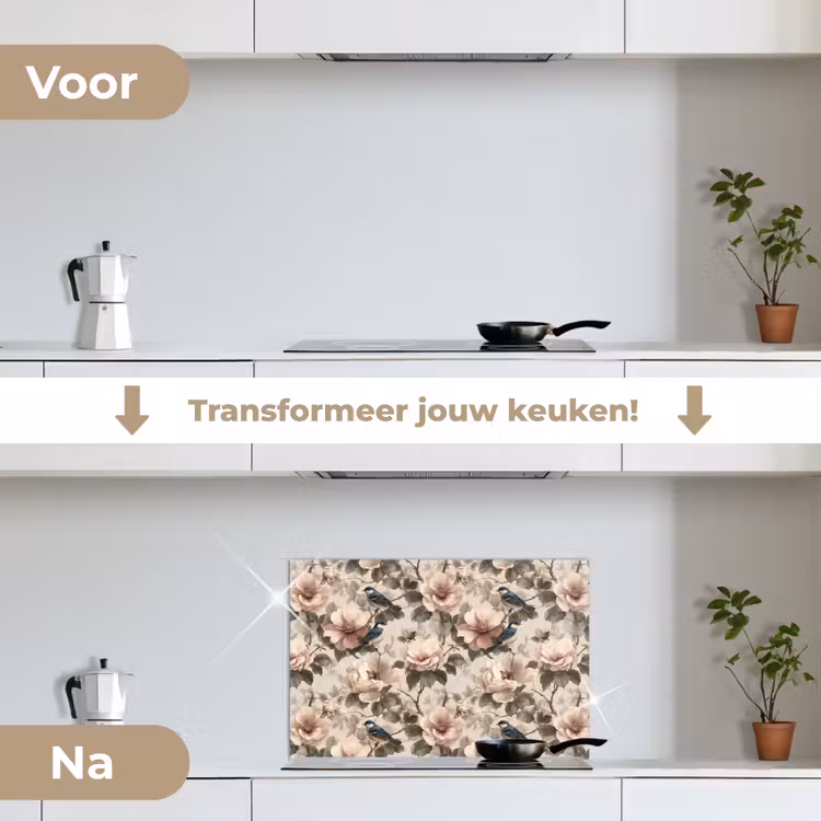 Klassiek - Vogels - Kleurrijk keuken achterwand spatscherm klein 900 -voor_na_NL