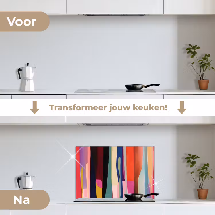 Kleurbanen - Verticaal - Kleurrijk keuken achterwand spatscherm klein -voor_na_NL