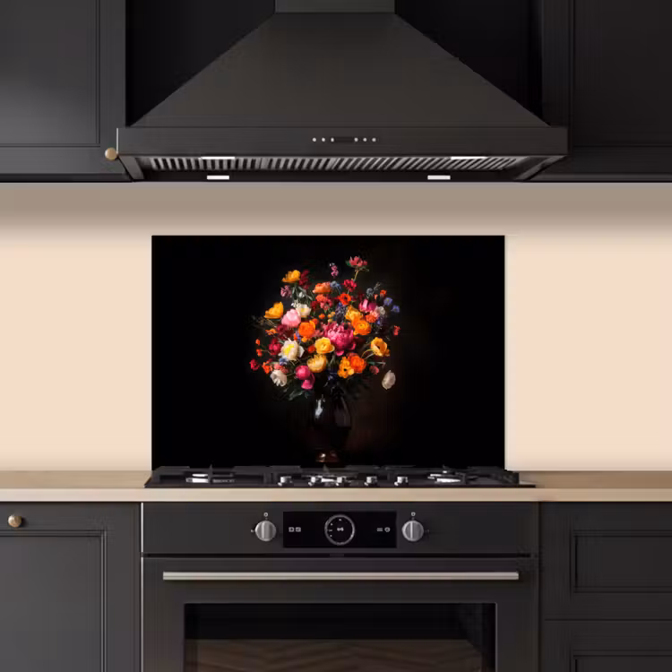 Kleurrijk - Boeket - Vaas - Donkerbruin keuken achterwand spatscherm klein -sfeer1