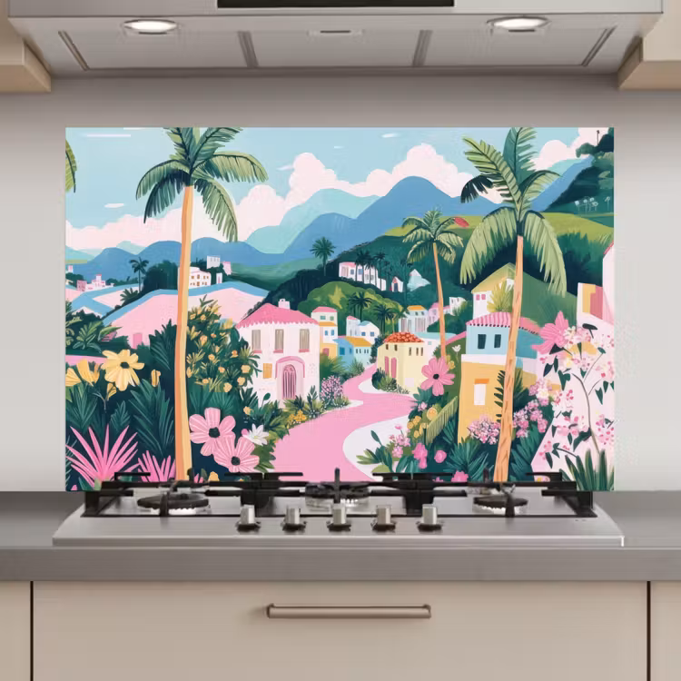 Kleurrijk - Huizen - Heuvels - Roze keuken achterwand spatscherm klein -3d_website