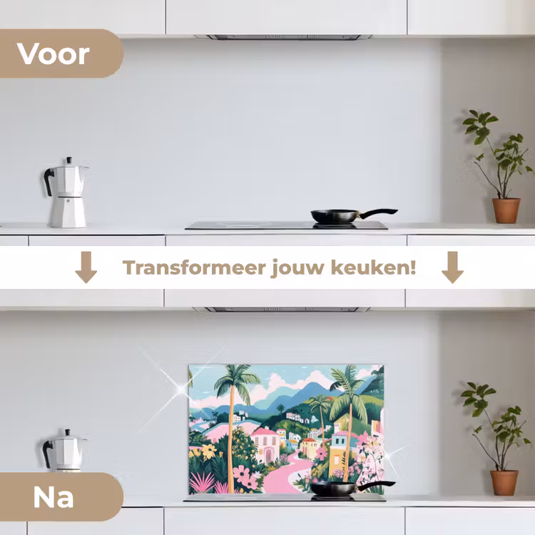 Kleurrijk - Huizen - Heuvels - Roze keuken achterwand spatscherm klein -voor_na_NL