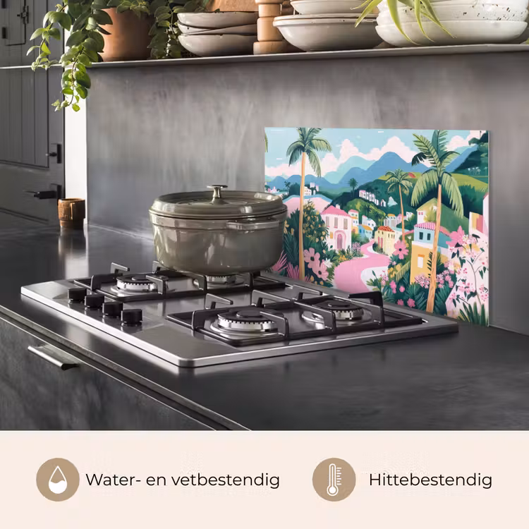 Kleurrijk - Huizen - Heuvels - Roze keuken achterwand spatscherm klein -usp_NL
