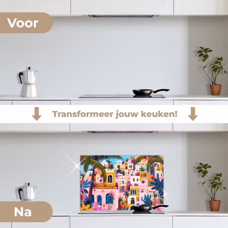 Kleurrijk - Roze - Oranje - Geel - Bloemen keuken achterwand spatscherm klein -voor_na_NL