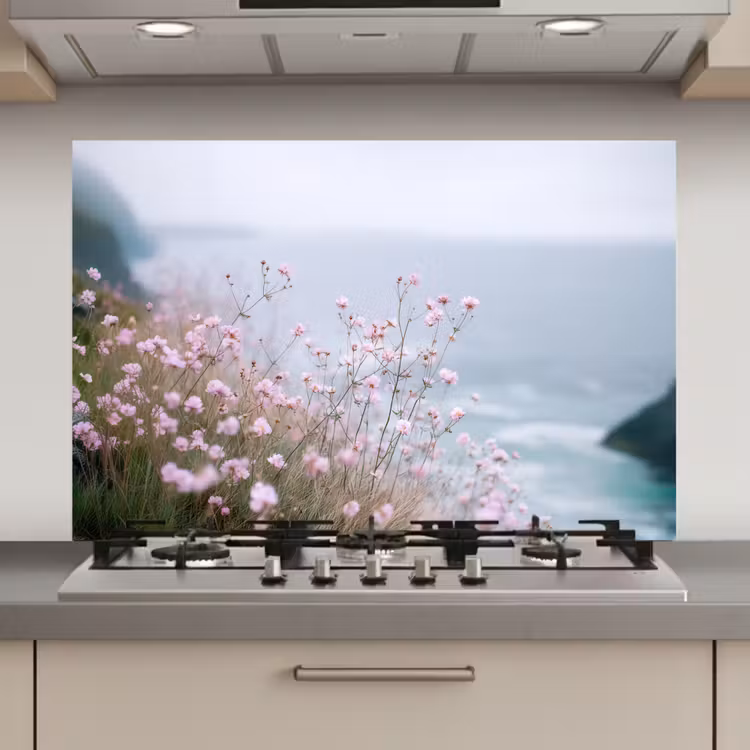 Klif - Bloemen - Zee - Roze keuken achterwand spatscherm klein -3d_website