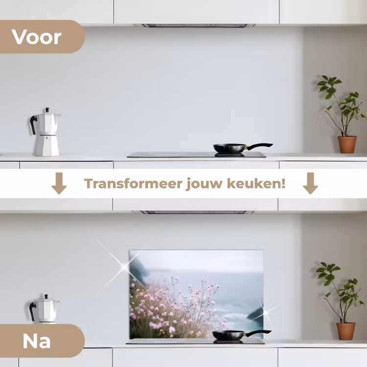 Klif - Bloemen - Zee - Roze keuken achterwand spatscherm klein -voor_na_NL