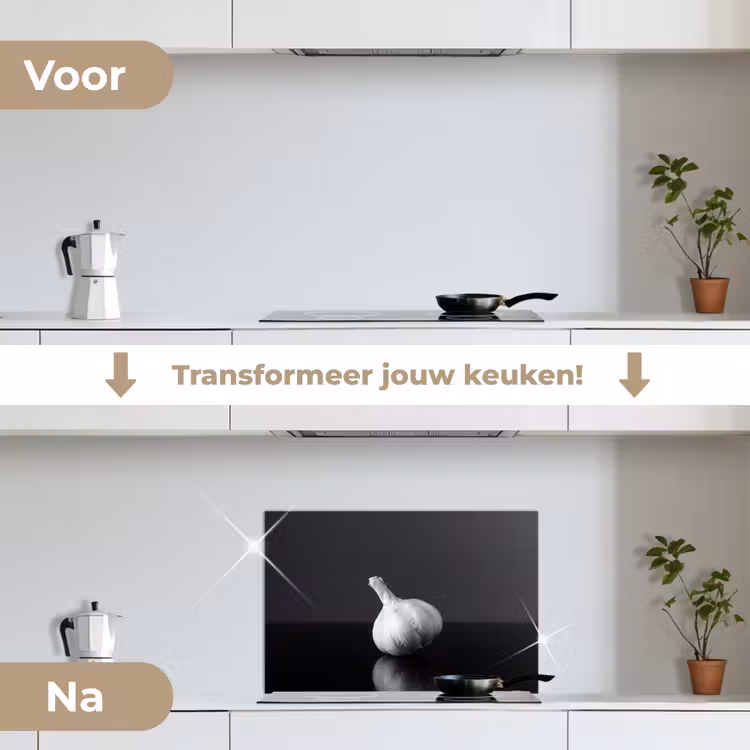 Knoflook - Zwart - Wit keuken achterwand spatscherm klein -voor_na_NL