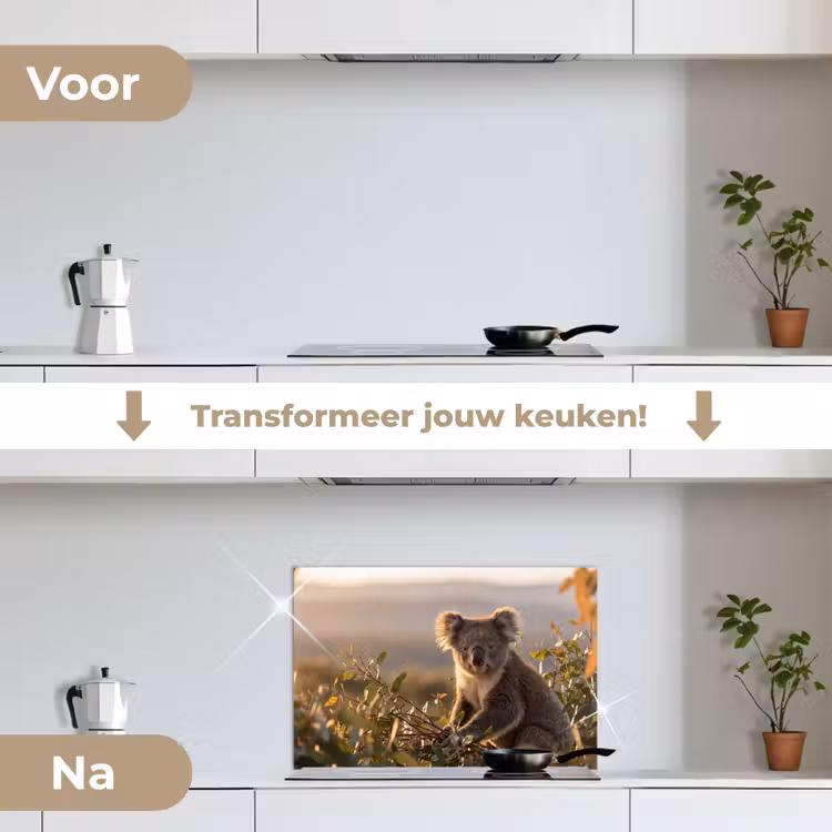 Koala - Bladeren - Ochtendlicht keuken achterwand spatscherm klein -voor_na_NL