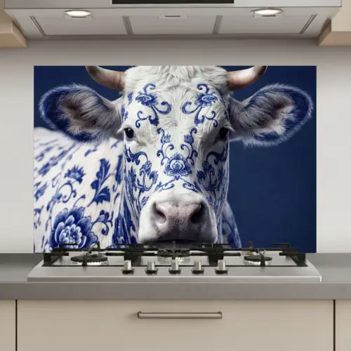 Koe - Delfts - Blauw - Artistiek keuken achterwand spatscherm klein -3d_website