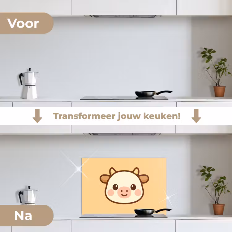 Koe - Oranje - Cartoon keuken achterwand spatscherm klein -voor_na_NL