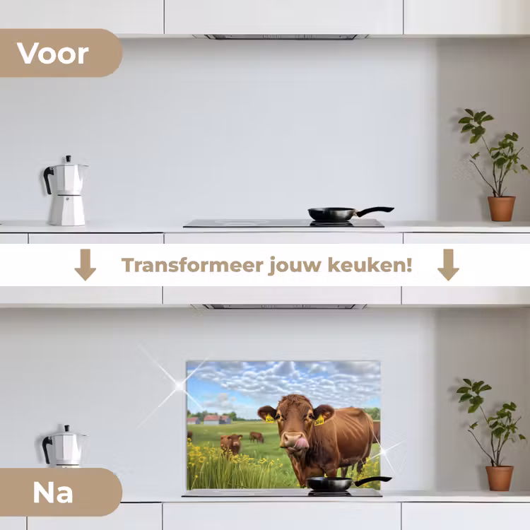 Koe - Weide - Bloemen keuken achterwand spatscherm klein -voor_na_NL