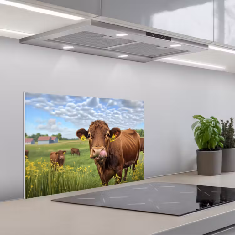 Koe - Weide - Bloemen keuken achterwand spatscherm klein -3d_schuin
